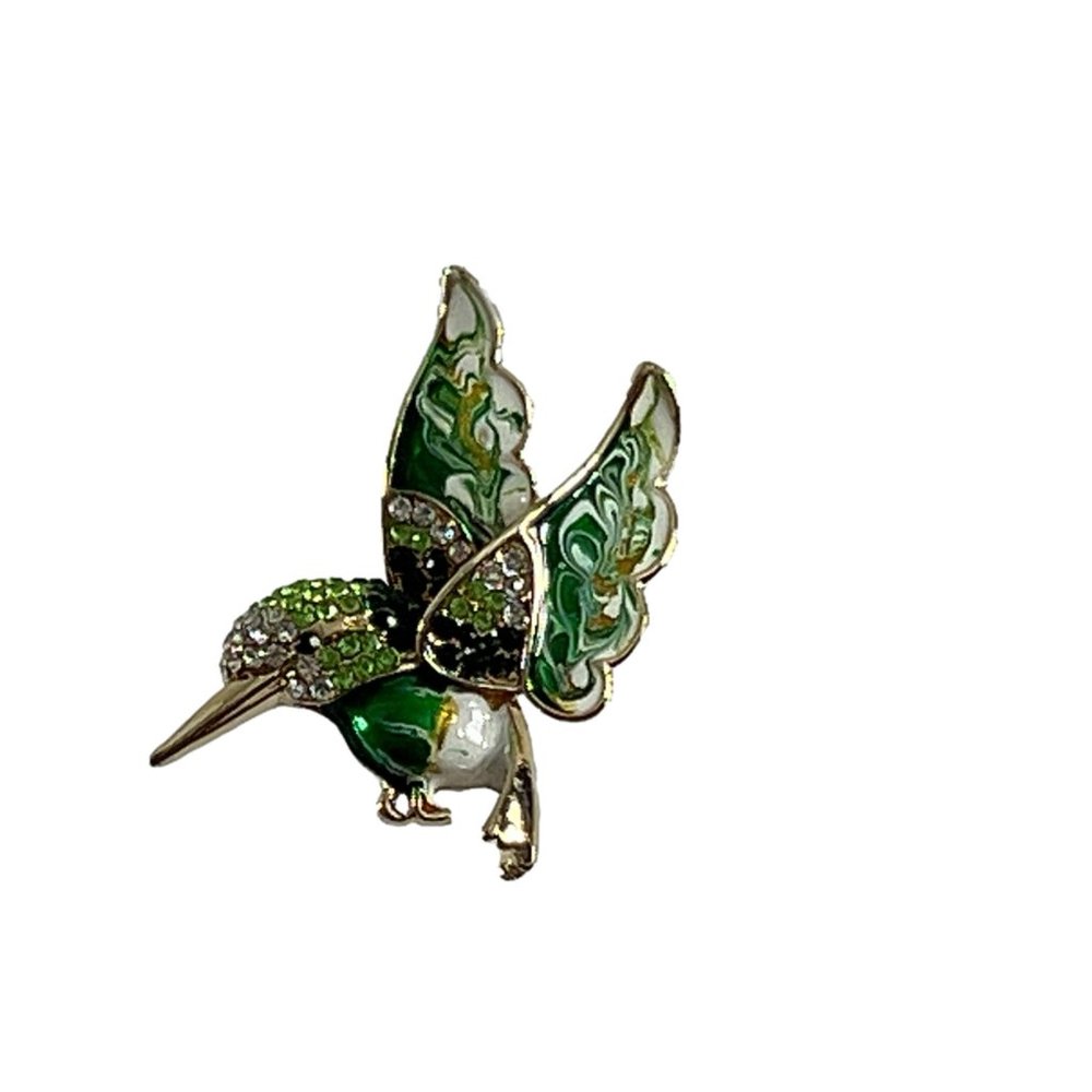 Hummingbird Brooch Pin Green White Enamel Rhinestones Gold Tone Sparkle - Picture 7 of 7